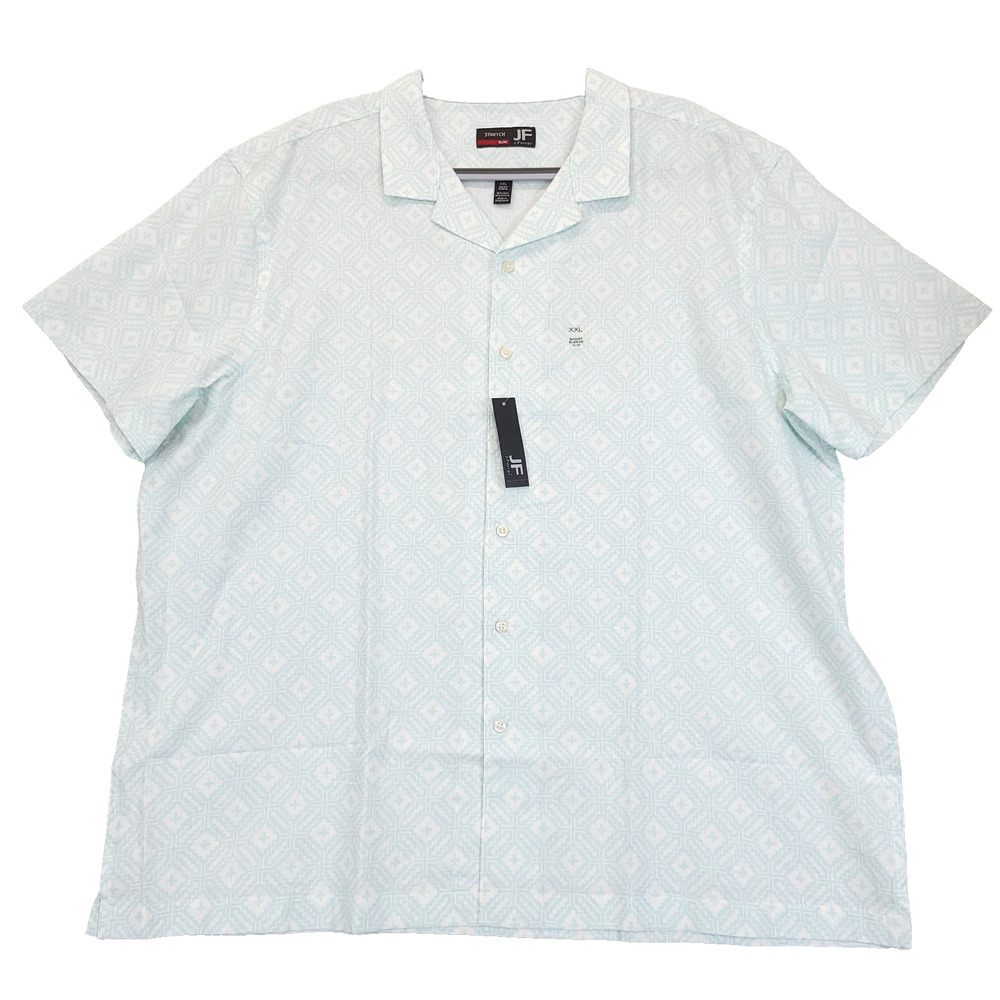 J. Ferrar Button Up Shirt Linen Blend Men XXL Slim Short Sleeve Geo White Blue